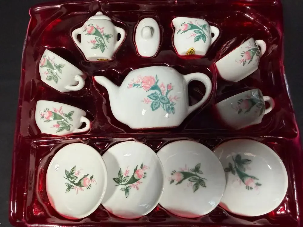 Vintage 13 Pc Miniature Porcelain Tea Set Pink Roses Made in China 1990s